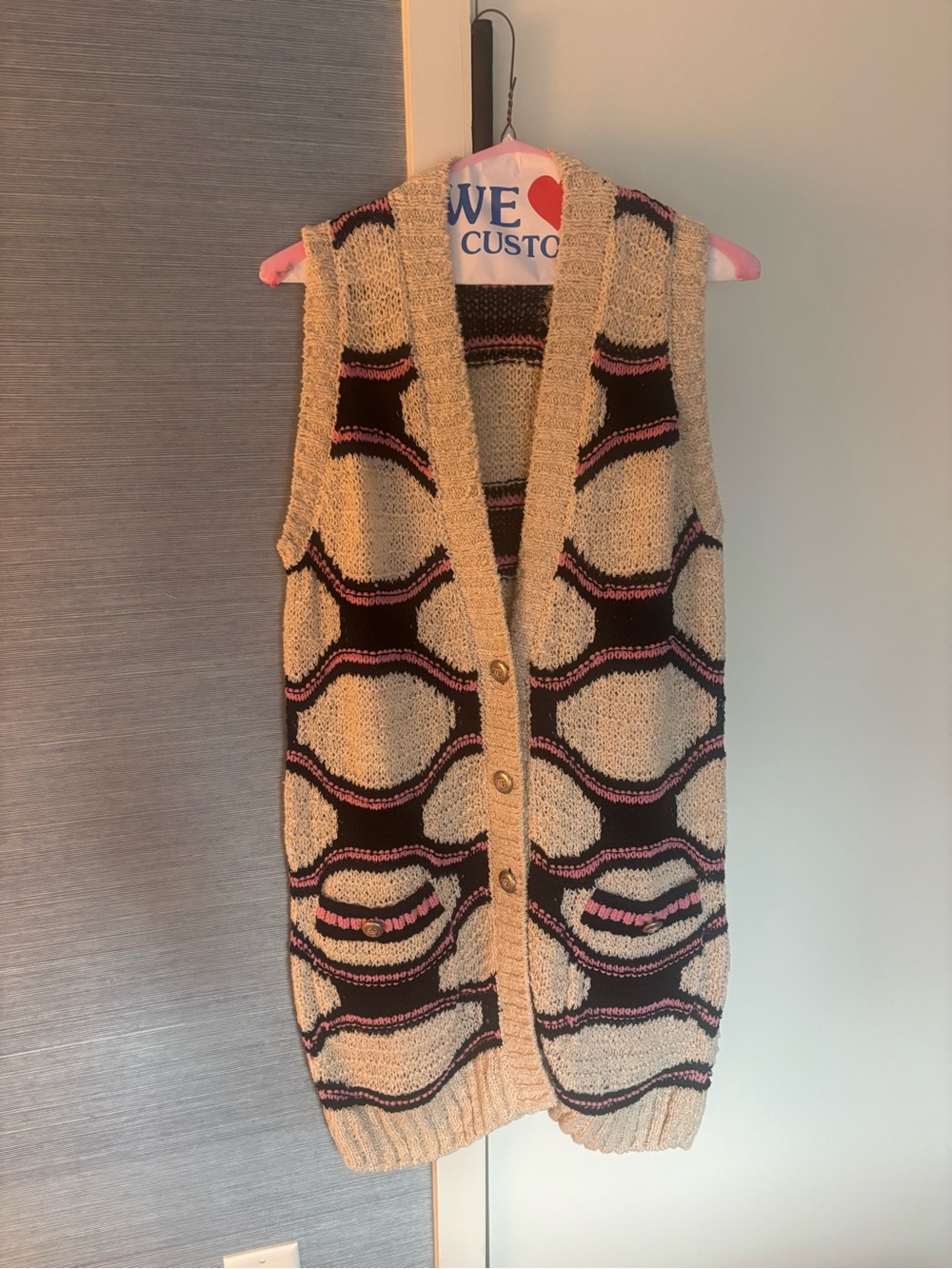 CHANEL Cream, Black & Pink Knit Button-Front Vest Sweater